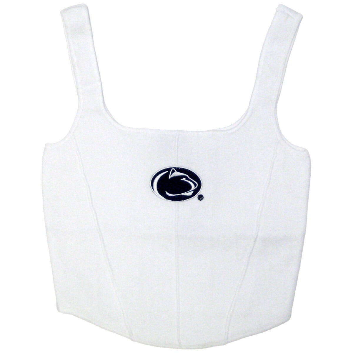 women's white knit corset top with stitched Penn State Athletic Logo